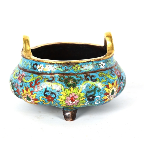 1346 - A Chinese bronze and enamel tripod incense burner of lobed circular form, with integral ring handles... 