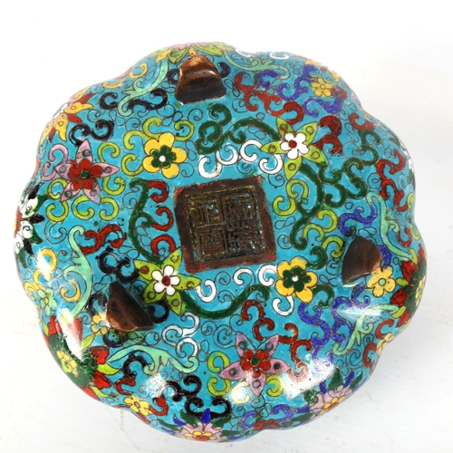 1346 - A Chinese bronze and enamel tripod incense burner of lobed circular form, with integral ring handles... 