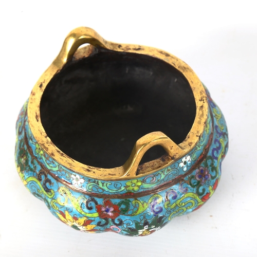 1346 - A Chinese bronze and enamel tripod incense burner of lobed circular form, with integral ring handles... 