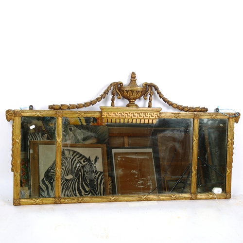 1381 - A 19th century gilt-framed triple-glass over mantel mirror, with urn and acanthus pediment, and ribb... 