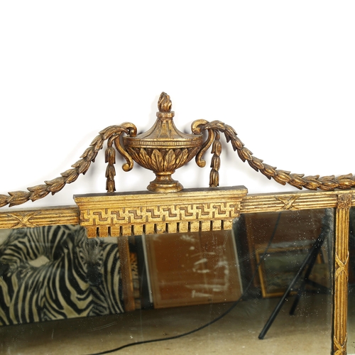 1381 - A 19th century gilt-framed triple-glass over mantel mirror, with urn and acanthus pediment, and ribb... 