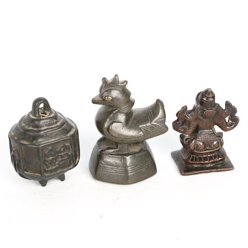 1392 - A Chinese bronze opium weight in the form of a cockerel, height 6.5cm, an Indian bronze figure of Ga... 