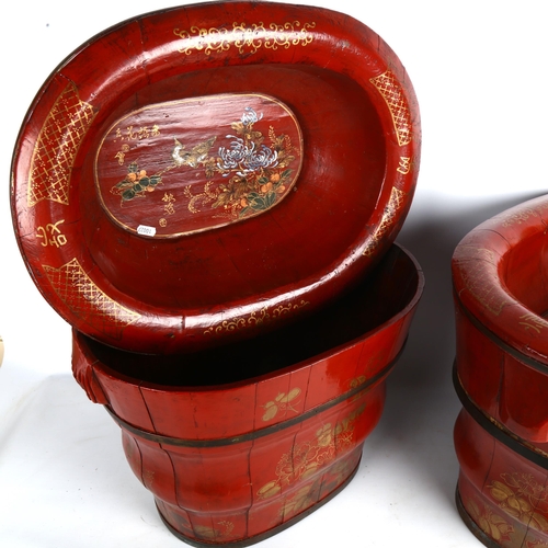 1394 - A pair of Chinese metal-bound red lacquer wood bowls, on separate metal-bound bucket stands, with pa... 