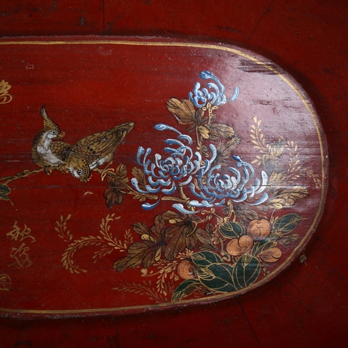 1394 - A pair of Chinese metal-bound red lacquer wood bowls, on separate metal-bound bucket stands, with pa... 