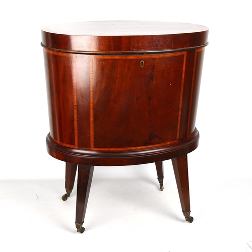 1396 - An Edwardian mahogany and satinwood crossbanded oval wine cooler, on tapered legs, length 53cm, dept... 