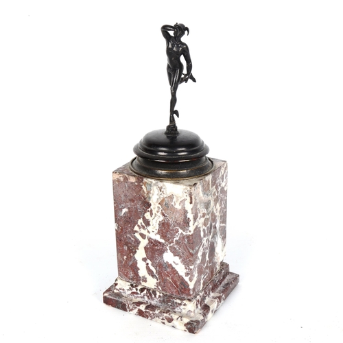 1434 - A 19th century patinated bronze sculpture of Hermes, unsigned, on marble plinth, height 26cm