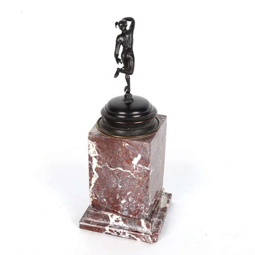 1434 - A 19th century patinated bronze sculpture of Hermes, unsigned, on marble plinth, height 26cm