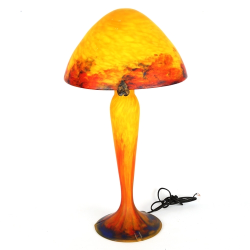 1437 - A coloured marble glass mushroom-shaped table lamp, in the style of Emil Galle, overall height 60cm,... 