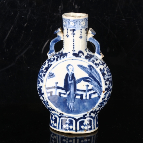 1445 - A Chinese blue and white porcelain moon-shaped flask, hand painted panels and 4 character mark, heig... 