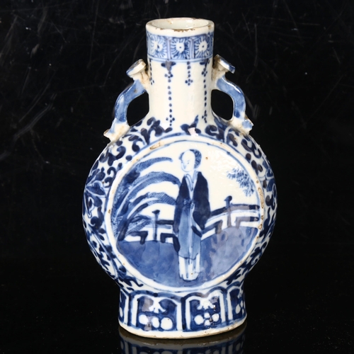 1445 - A Chinese blue and white porcelain moon-shaped flask, hand painted panels and 4 character mark, heig... 