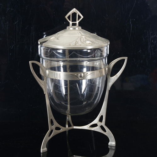 1447 - A German Jugendstil cut-glass ice/punch bowl in stylised aluminium stand, with original cover, dated... 