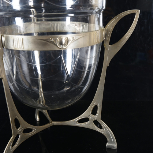 1447 - A German Jugendstil cut-glass ice/punch bowl in stylised aluminium stand, with original cover, dated... 