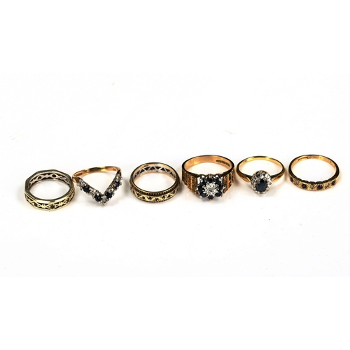 716 - 6 stone set rings, comprising 4 x 9ct (11g), 1 x 18ct (2.8g), and 1 x unmarked (3g) (6)