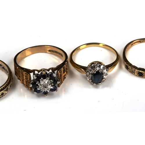 716 - 6 stone set rings, comprising 4 x 9ct (11g), 1 x 18ct (2.8g), and 1 x unmarked (3g) (6)