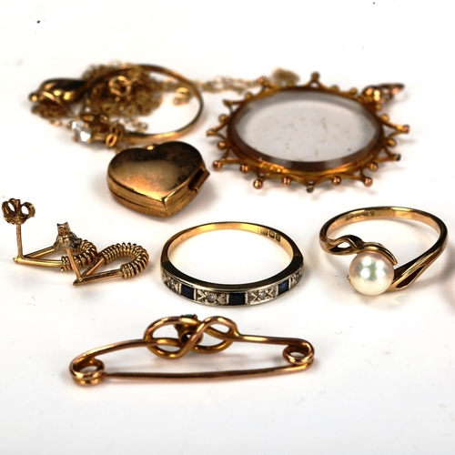 720 - Various gold jewellery, including 18ct sapphire ring, 2.2g, 9ct photo locket pendant, 4.7g, and othe... 