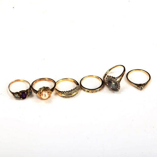 721 - 6 gold stone set rings, comprising 18ct diamond double row (3.5g), 14ct diamond half eternity (1.7g)... 