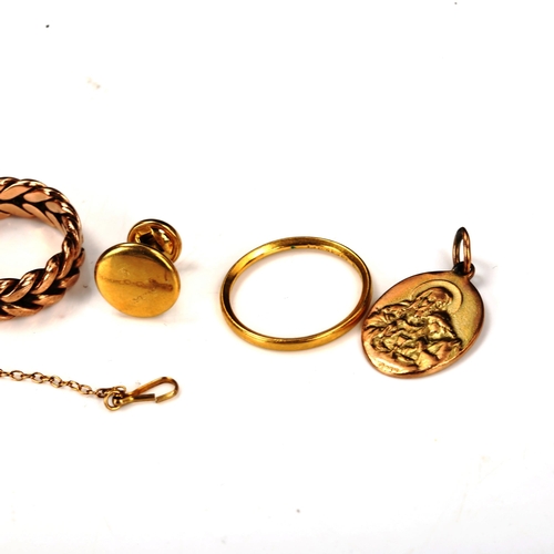 723 - Various gold jewellery, including 22ct gold wedding band, 2.2g, 9ct ring and pendant, 9.8g etc