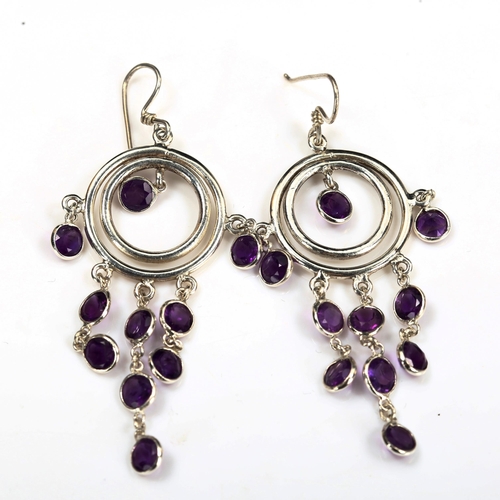 739 - A pair of modern sterling silver and amethyst dream catcher earrings, earring height 56.2mm, 5.8g