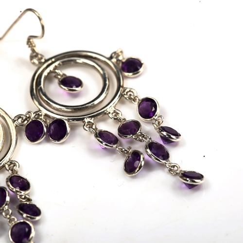 739 - A pair of modern sterling silver and amethyst dream catcher earrings, earring height 56.2mm, 5.8g