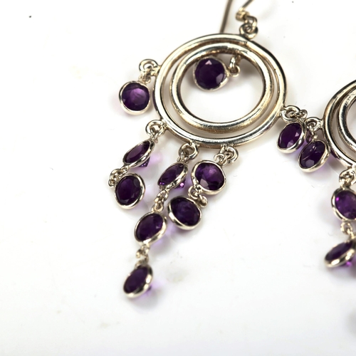 739 - A pair of modern sterling silver and amethyst dream catcher earrings, earring height 56.2mm, 5.8g