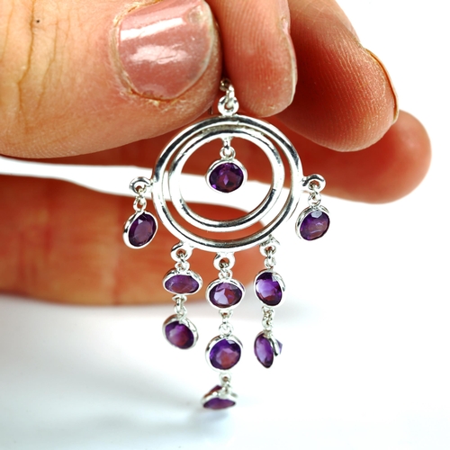 739 - A pair of modern sterling silver and amethyst dream catcher earrings, earring height 56.2mm, 5.8g