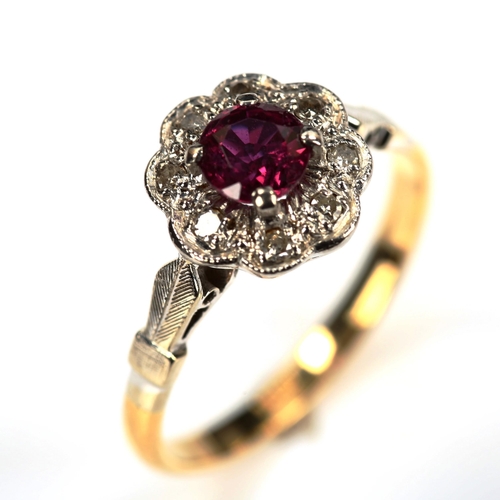 742 - An 18ct gold ruby and diamond cluster ring, set with round-cut ruby and single-cut diamonds, setting... 