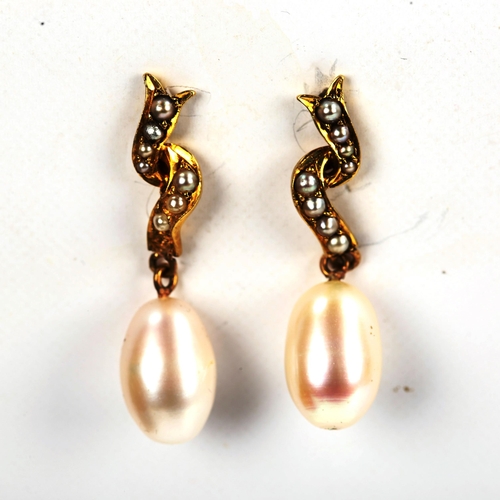 743 - A pair of unmarked gold pearl drop earrings, earring height 30.7mm, 4.3g