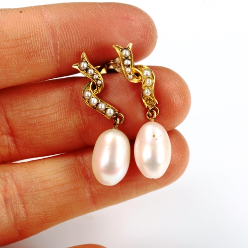 743 - A pair of unmarked gold pearl drop earrings, earring height 30.7mm, 4.3g