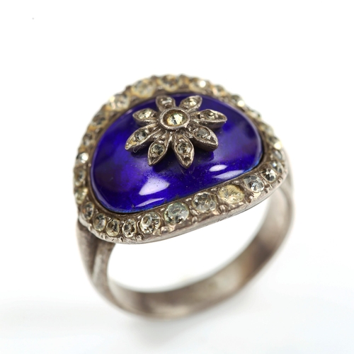 746 - A Georgian blue enamel and paste ring, unmarked white metal settings, 18.6mm, size P, 10.1g