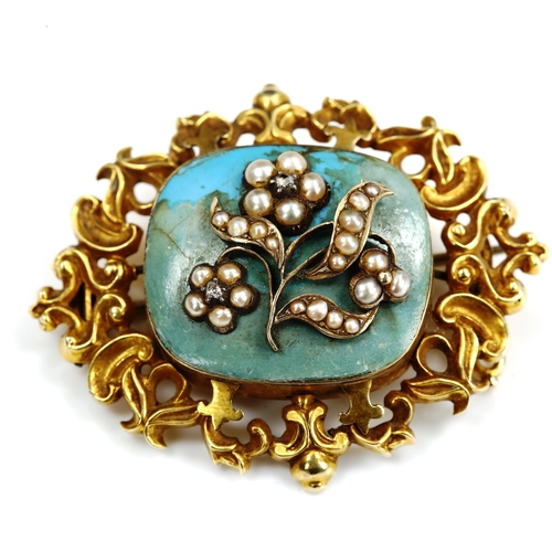 747 - A Victorian unmarked gold pearl enamel and diamond memorial brooch, with floral motif and hair panel... 