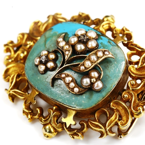 747 - A Victorian unmarked gold pearl enamel and diamond memorial brooch, with floral motif and hair panel... 