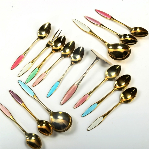 750 - FRIGAST - a group of 15 Danish vermeil sterling silver and harlequin enamel pieces of cutlery, compr... 