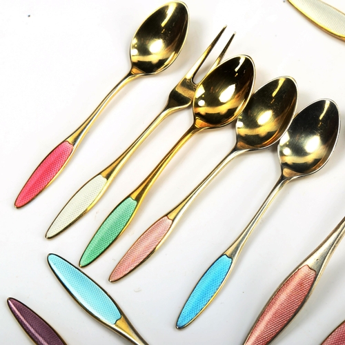 750 - FRIGAST - a group of 15 Danish vermeil sterling silver and harlequin enamel pieces of cutlery, compr... 