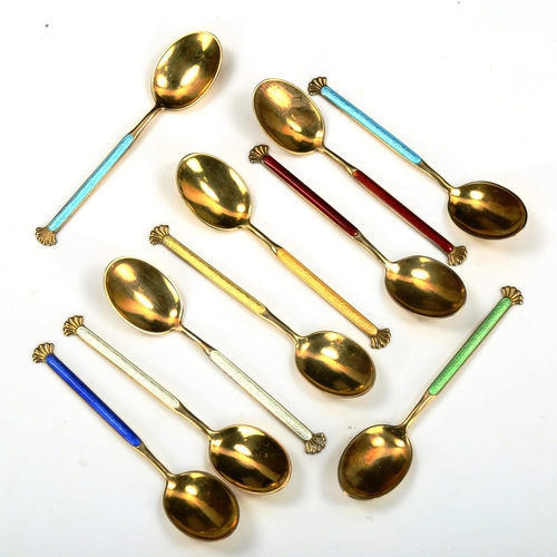 752 - AKSEL HOLMSEN - a set of 10 Norwegian vermeil sterling silver and harlequin enamel coffee spoons, le... 