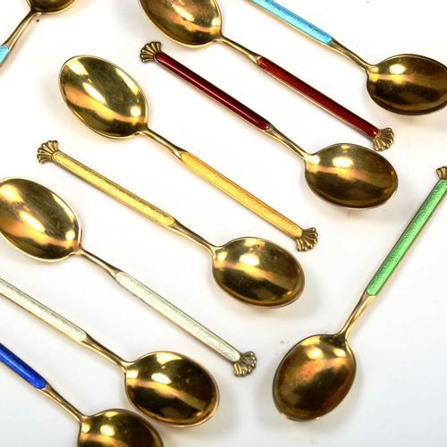 752 - AKSEL HOLMSEN - a set of 10 Norwegian vermeil sterling silver and harlequin enamel coffee spoons, le... 