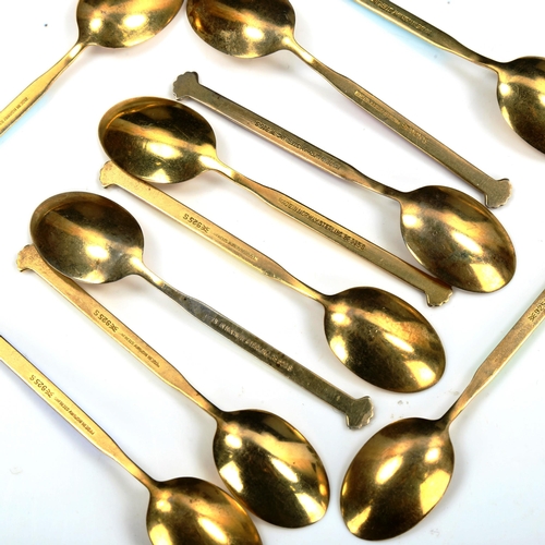 752 - AKSEL HOLMSEN - a set of 10 Norwegian vermeil sterling silver and harlequin enamel coffee spoons, le... 