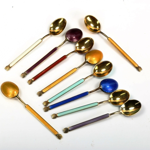 753 - ANTON MICHELSEN - a set of 10 Danish vermeil sterling silver and harlequin enamel coffee spoons, len... 