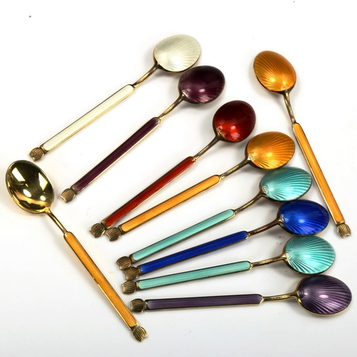 753 - ANTON MICHELSEN - a set of 10 Danish vermeil sterling silver and harlequin enamel coffee spoons, len... 