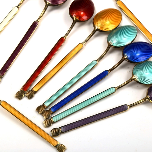 753 - ANTON MICHELSEN - a set of 10 Danish vermeil sterling silver and harlequin enamel coffee spoons, len... 