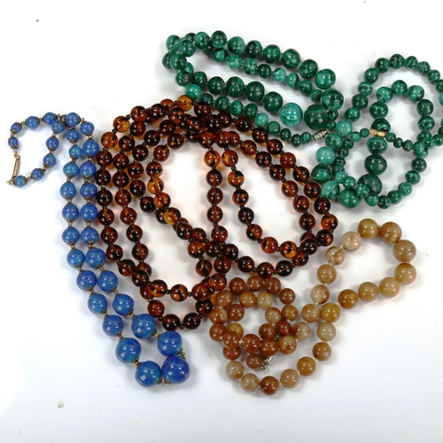 756 - Various bead necklaces, including malachite, and lapis lazuli with 9ct gold clasp (5)