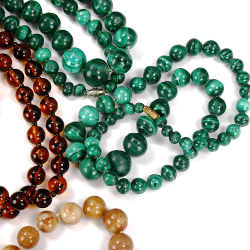 756 - Various bead necklaces, including malachite, and lapis lazuli with 9ct gold clasp (5)