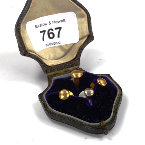 767 - A cased set of dress studs, including 3 x 18ct gold, 5.9g weighable