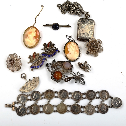 773 - Various jewellery, including graduated curb link Albert chain, Vesta case, threepence coin bracelet,... 