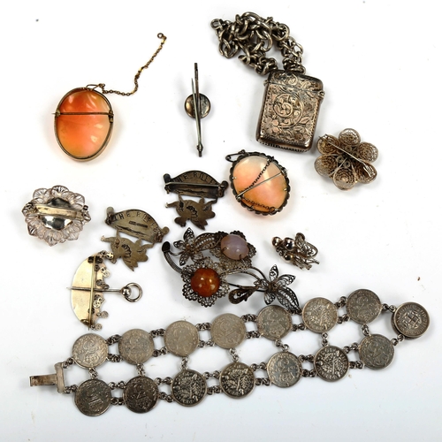 773 - Various jewellery, including graduated curb link Albert chain, Vesta case, threepence coin bracelet,... 