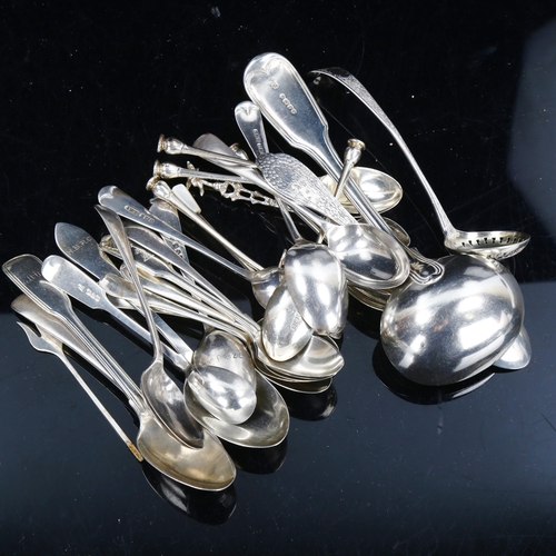 780 - Various silver cutlery, including sauce ladle, sifter spoon, teaspoons etc, 15.4oz total