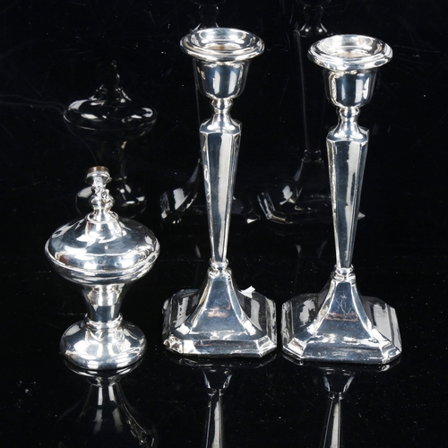 781 - A pair of silver table candlesticks, and silver dressing table atomiser, candlestick height 18cm (2)