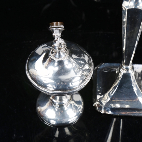 781 - A pair of silver table candlesticks, and silver dressing table atomiser, candlestick height 18cm (2)