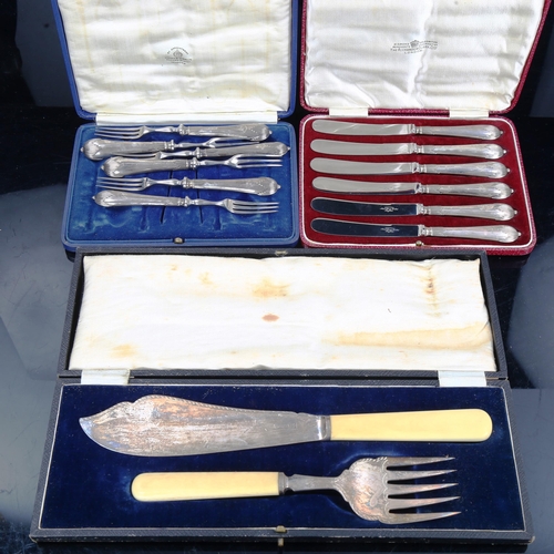 785 - 3 cased sets of silver cutlery, including silver-bladed ivory-handled fish severs, hallmarks Birming... 