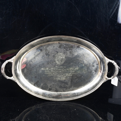 792 - A large George V silver 2-handled tea tray, with Masonic personalised inscription, by J B Chatterley... 