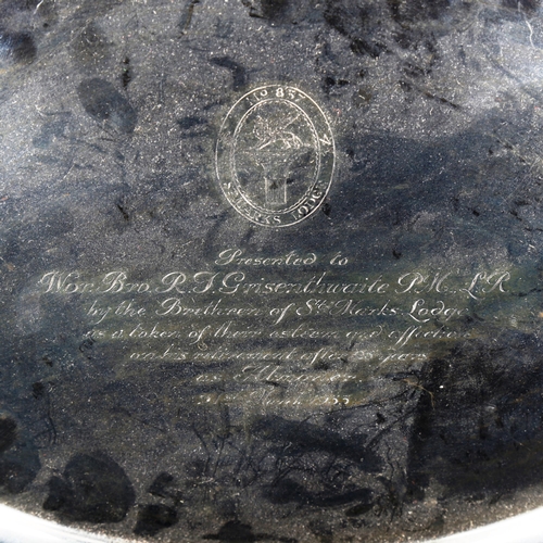 792 - A large George V silver 2-handled tea tray, with Masonic personalised inscription, by J B Chatterley... 